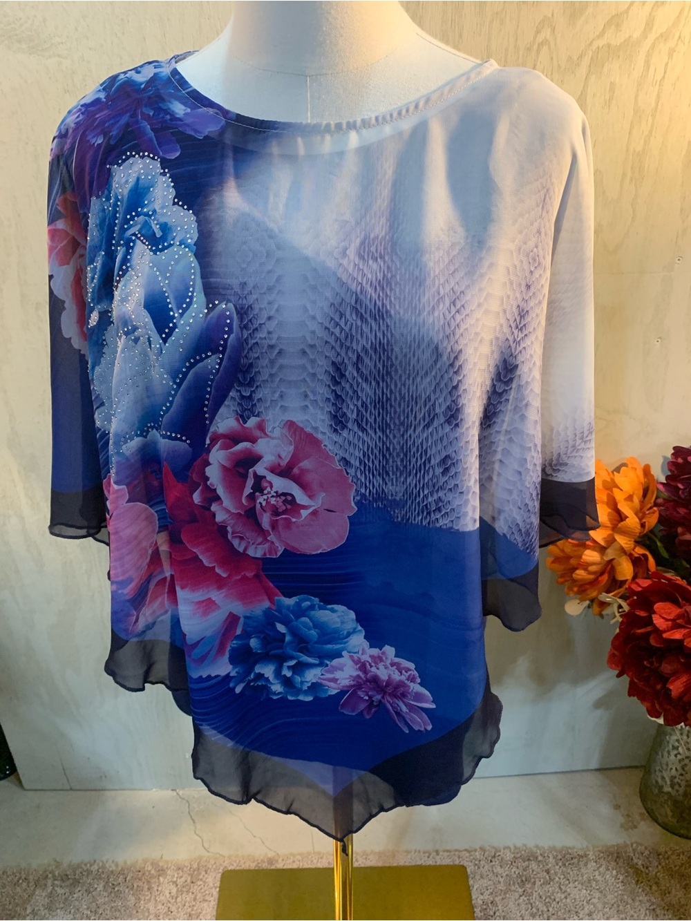 Rebecca Malone Blue and Light Blue Sheer Tie-Neck Blouse